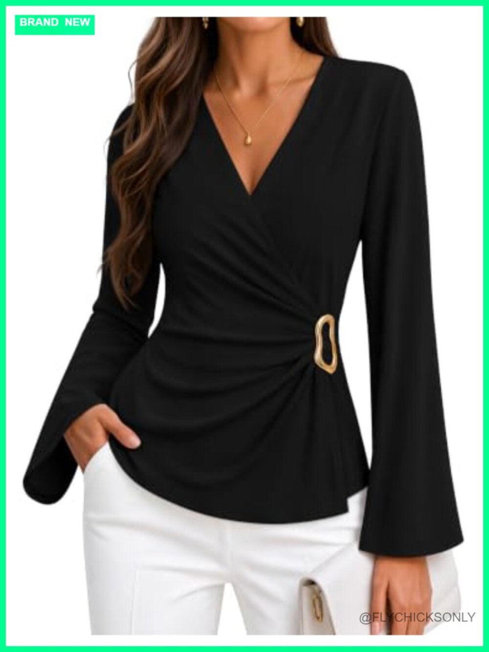 Women's Wrap V-Neck Bell Sleeve Ruched Blouse Business Casual Top